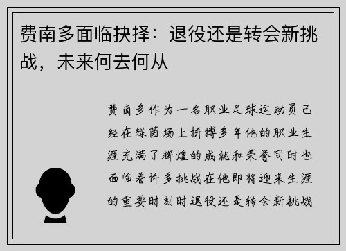 费南多面临抉择：退役还是转会新挑战，未来何去何从