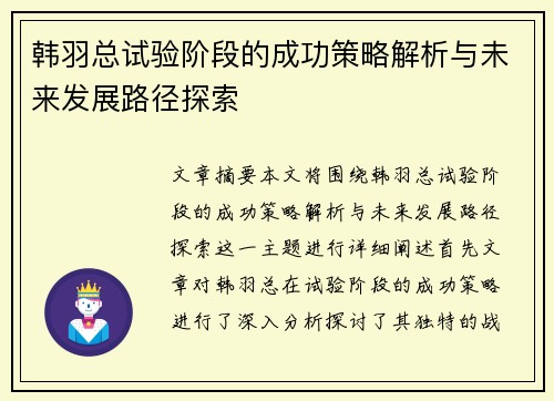 韩羽总试验阶段的成功策略解析与未来发展路径探索